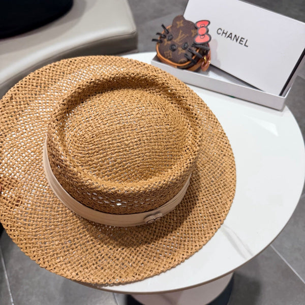 Chanel French Flat Top Hat Camel White in Straw 201564