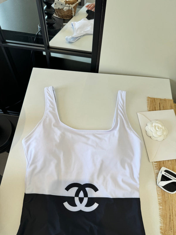 Chanel Underwire One-piece Swimsuit Black White in Cotton 204636