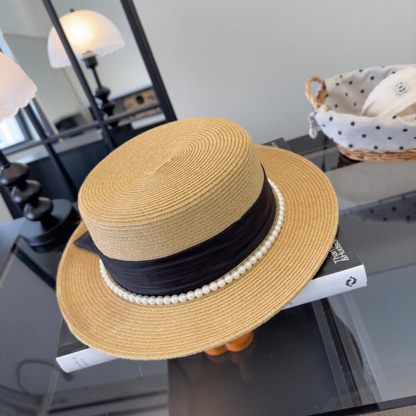 Chanel Elegant flat-top Beige Black in Straw Hat 205392
