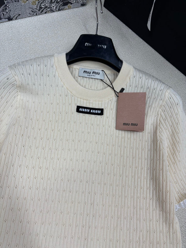 Miu Miu 26 Crew Neck Short-Sleeve Top Cream in Knitting 191308