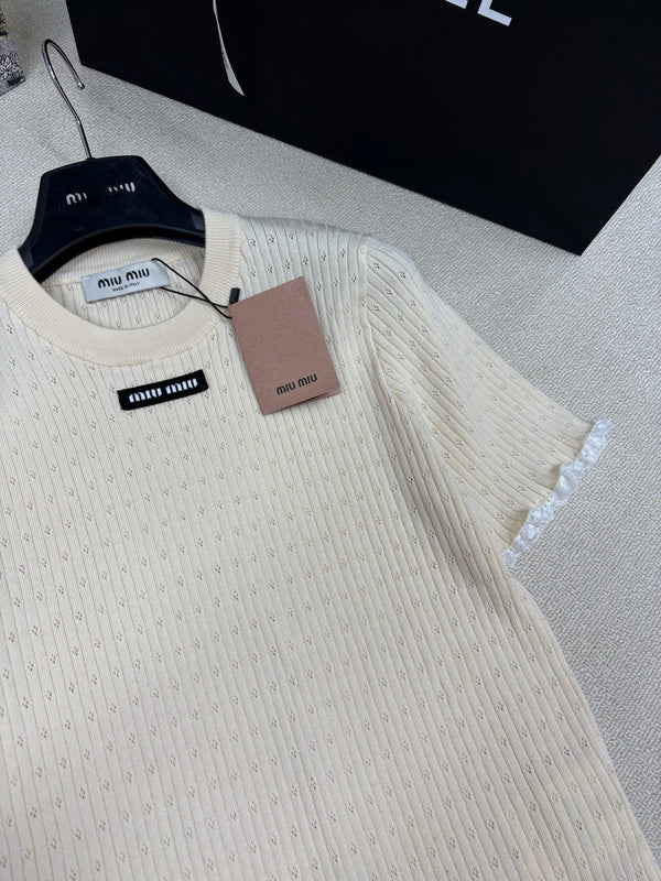 Miu Miu 26 Crew Neck Short-Sleeve Top Cream in Knitting 191308