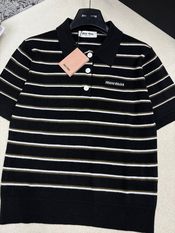Miu Miu 26 Short-Sleeve Collared T-Shirt Black in Wool 191274