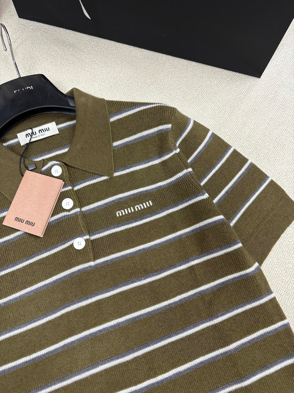 Miu Miu 26 Short-Sleeve Collared T-Shirt Olive Green in Wool 191273