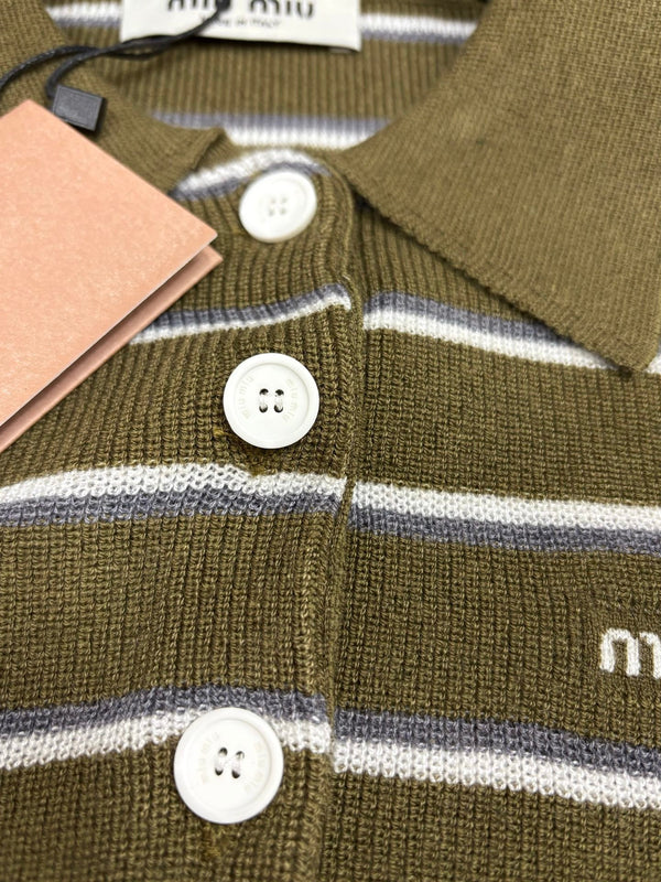 Miu Miu 26 Short-Sleeve Collared T-Shirt Olive Green in Wool 191273