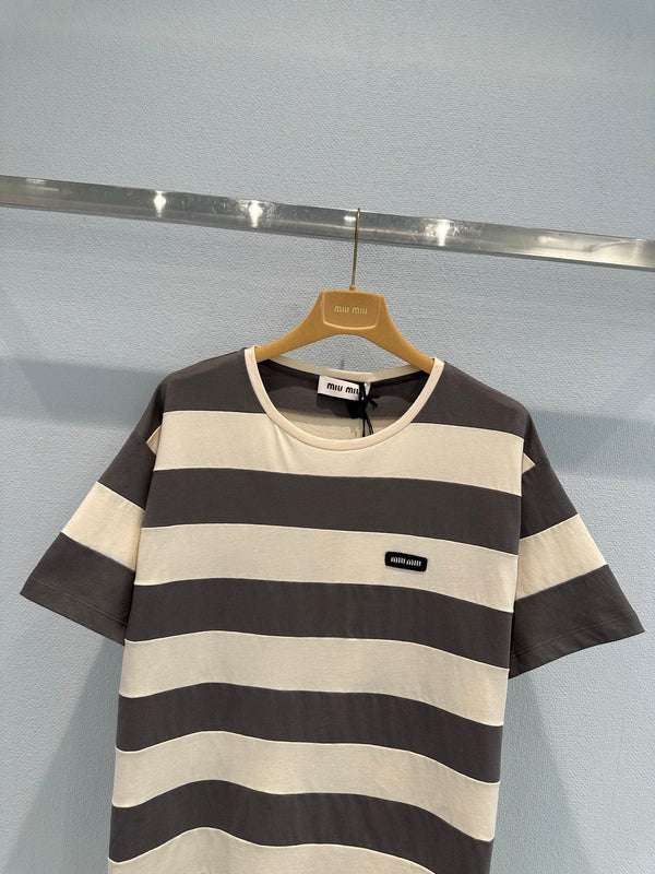 Miu Striped Short-Sleeve T-Shirt Brown White in Cotton 191567