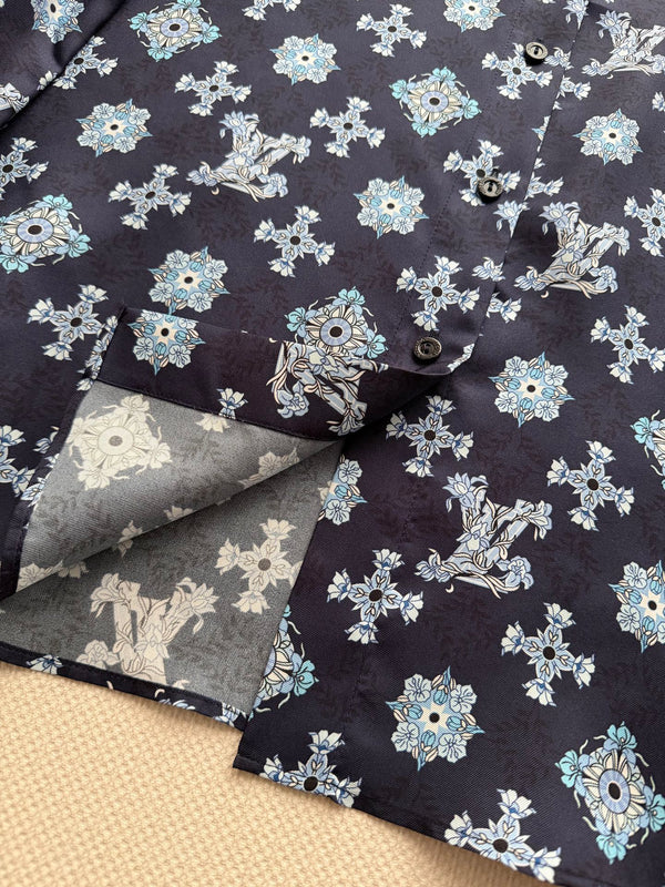 LV 26SS Retro Print Silk Shirt Navy Blue in Silk 198357