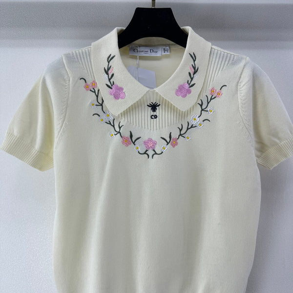 Dior Floral Embroidered Collared Knit Sweater Ivory in Viscose 360689