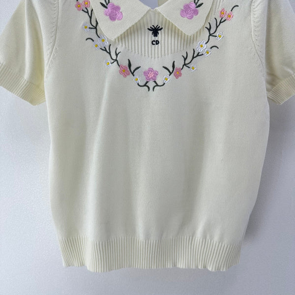 Dior Floral Embroidered Collared Knit Sweater Ivory in Viscose 360689
