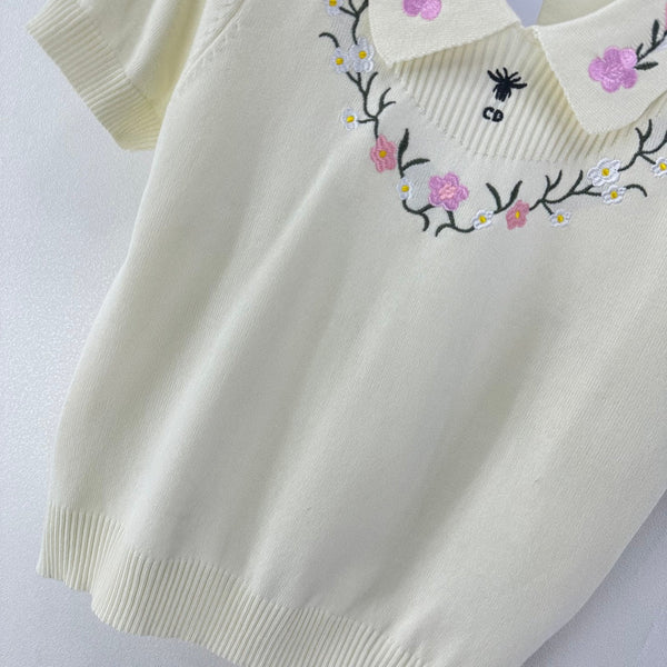 Dior Floral Embroidered Collared Knit Sweater Ivory in Viscose 360689