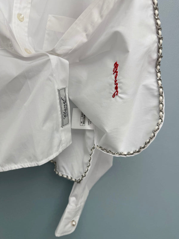 Chanel 26 Pearl Button Chain Trim Short White Shirt in Cotton 213056