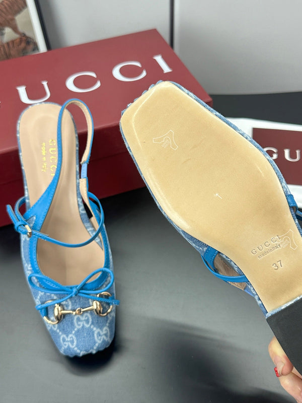 Gucci Horsebit Slingback Blue in Denim 688320