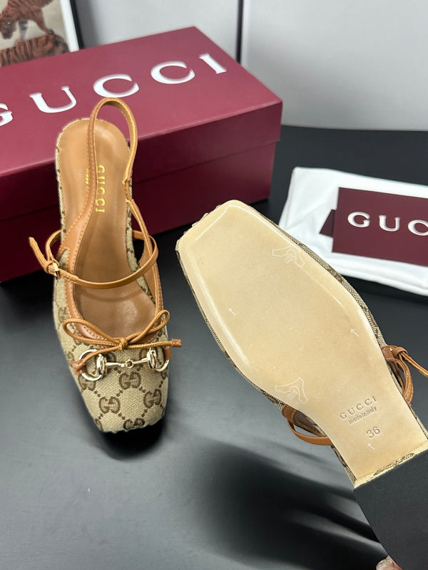 Gucci Horsebit Slingback Brown in Denim 688319