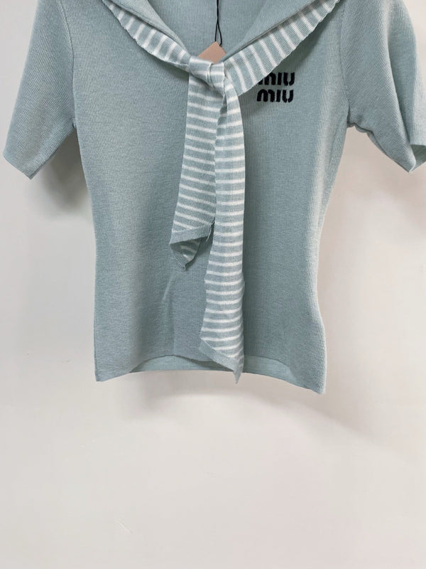 Miu Miu Short-Sleeve T-Shirt Blue Sage in Wool 204074
