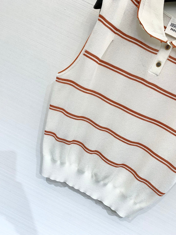 HM White and Orange Striped Sleeveless Polo Knit Vest in Polyester 195932
