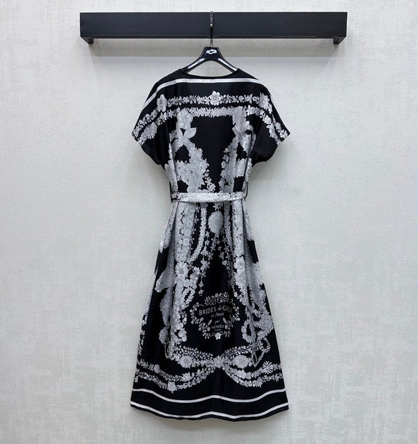 HM 26 Printed Tie-Waist Dress Black in Mulberry Silk 180946