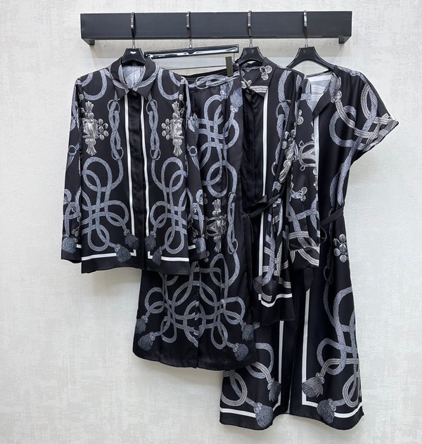 HM 26 Printed Tie-Waist Dress Black in Mulberry Silk 180941