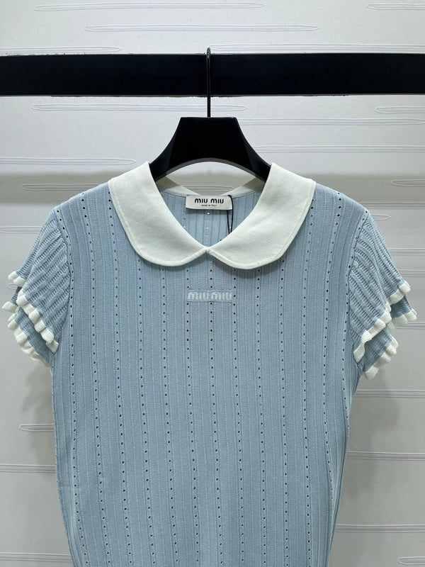 Miu Miu 26 Collar Openwork Short-sleeved Top Blue in Tencel 221740