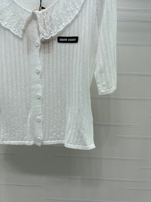 Miu Miu 26 Collared Short-sleeve Cardigan White in Cotton 221703