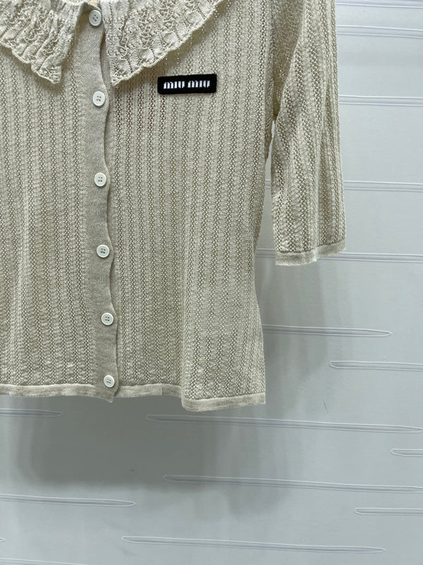 Miu Miu 26 Collared Short-sleeve Cardigan Beige in Cotton 221702