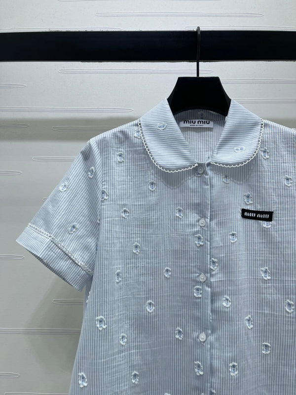 Miu Miu 26 Collar Striped Short-Sleeve Shirt + Skirt Set Blue in Cotton 221677