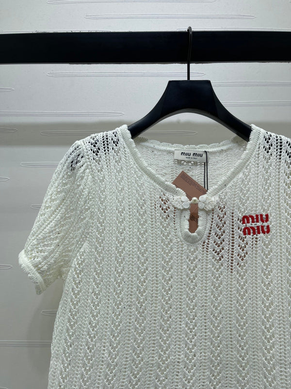 Miu Miu 26 Crew Neck Short-Sleeve Top White in Wool 221701