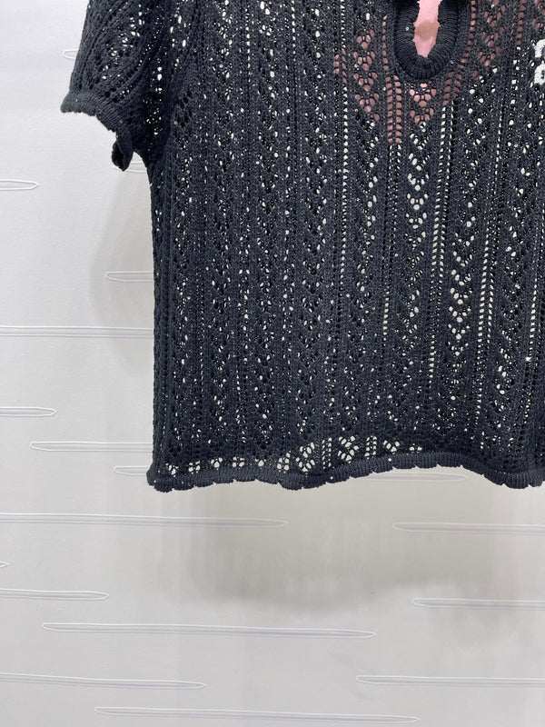 Miu Miu 26 Crew Neck Short-Sleeve Top Black in Wool 221700