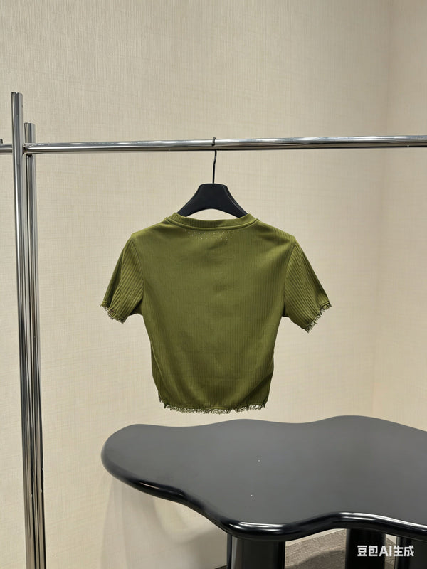 Miu Miu Short-sleeve Top Olive Green in Cotton 219023