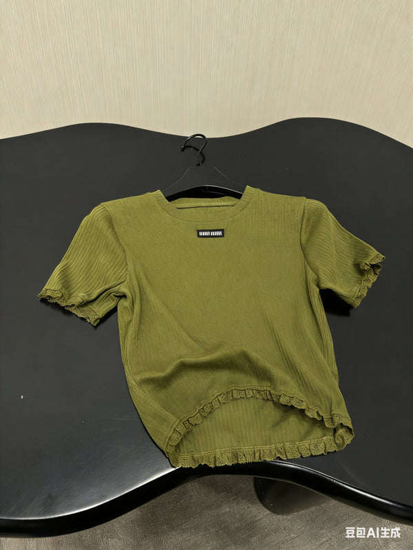 Miu Miu Short-sleeve Top Olive Green in Cotton 219023