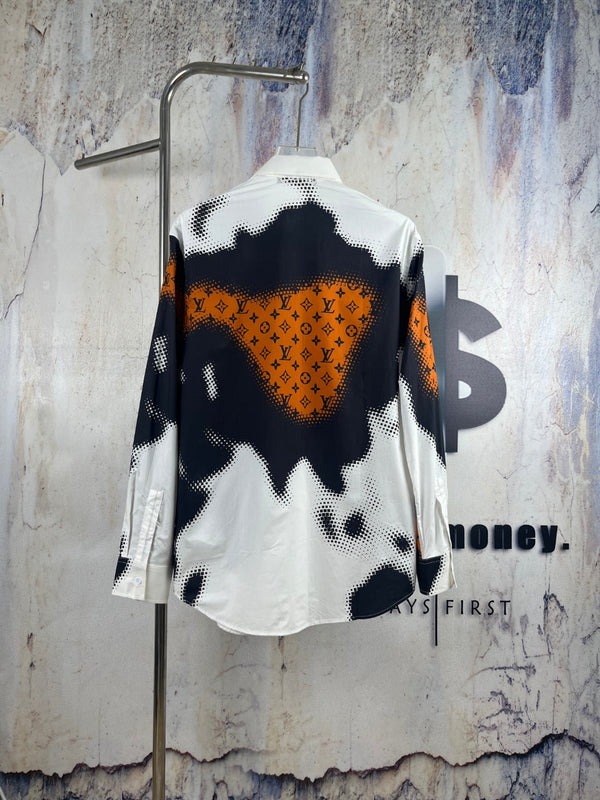 LV 26SS Bonfire Graffiti Long-Sleeve Shirt White Black in Cotton Poplin 229062