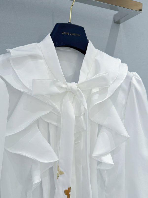 LV Ruffled Tie-Neck White Shirt White in Chiffon Fabric 221056