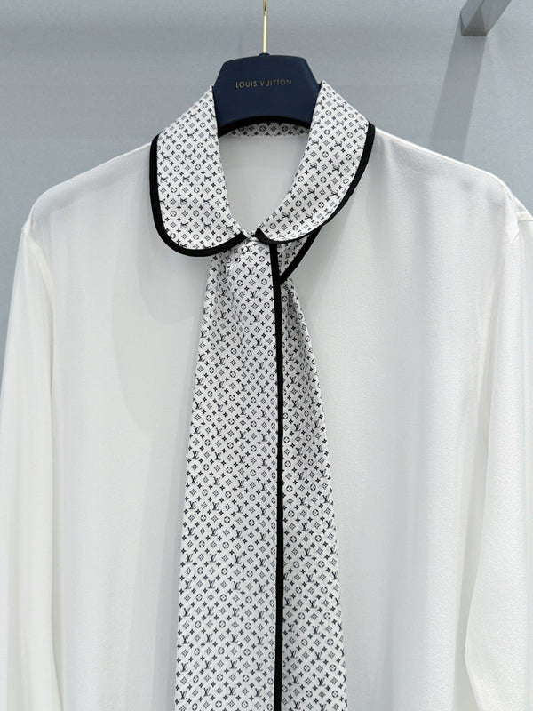 LV Monogram Collar Shirt with Ribbon White in Chiffon Fabric 221048