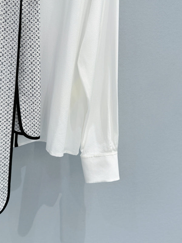 LV Monogram Collar Shirt with Ribbon White in Chiffon Fabric 221048