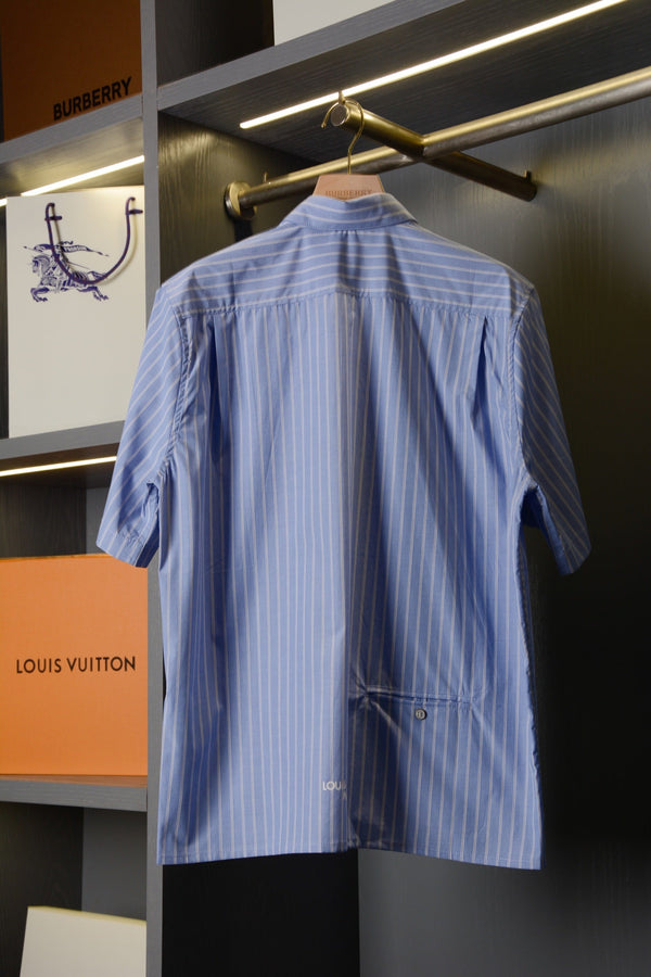 LV Striped Short-Sleeve Shirt Blue in Cotton Poplin 220323