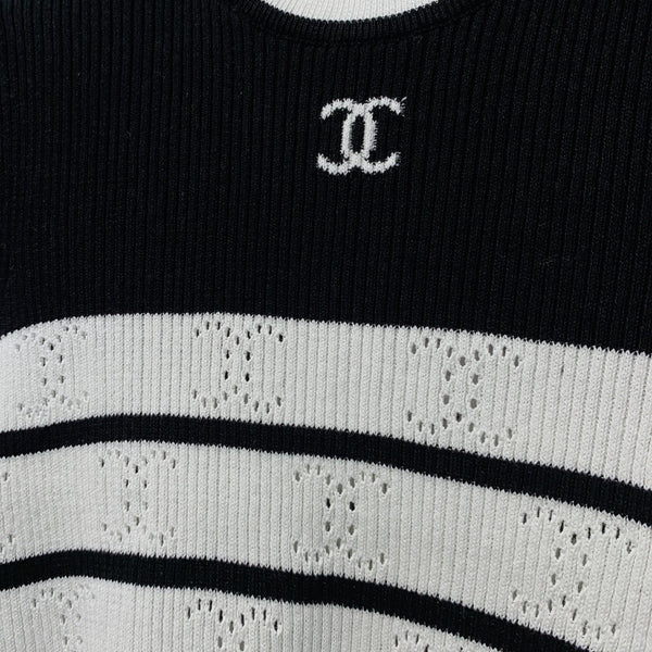 Chanel 26 Striped Knit Short-Sleeve T-Shirt Black White in Tencel 254162