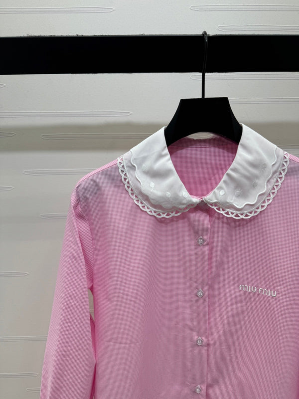 Miu Miu 26 Collar Plaid Shirt Pink in Cotton 254534