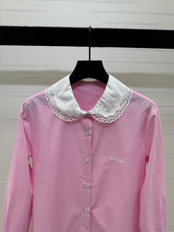 Miu Miu 26 Collar Plaid Shirt Pink in Cotton 254534