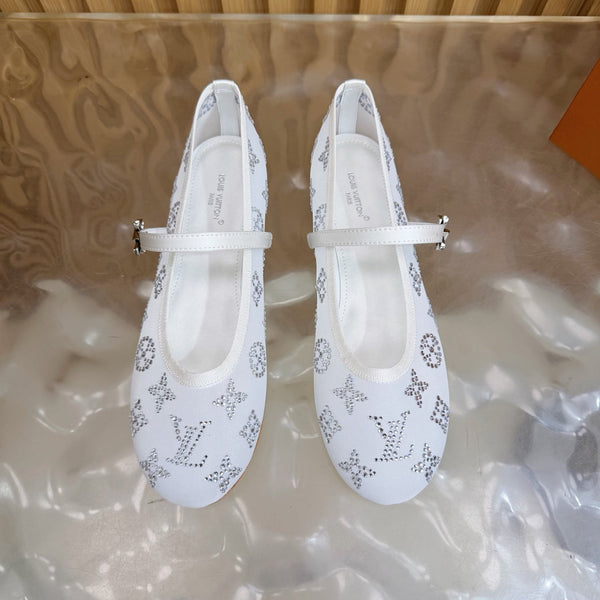 LV Romy Flat Ballerina White in Mesh with Rhinestones 703064