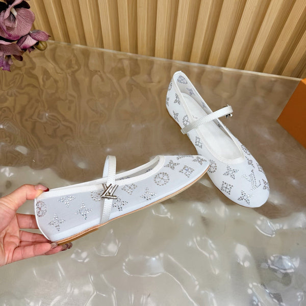 LV Romy Flat Ballerina White in Mesh with Rhinestones 703064