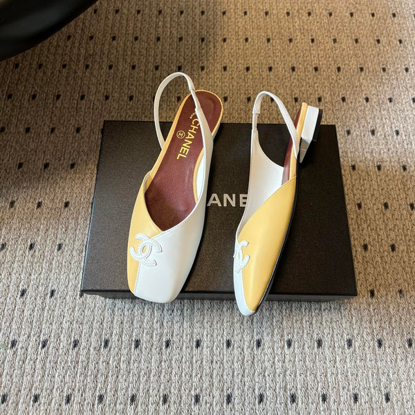 Chanel 26SS Color-Blocked Slingback Yellow White in Lambskin 708084