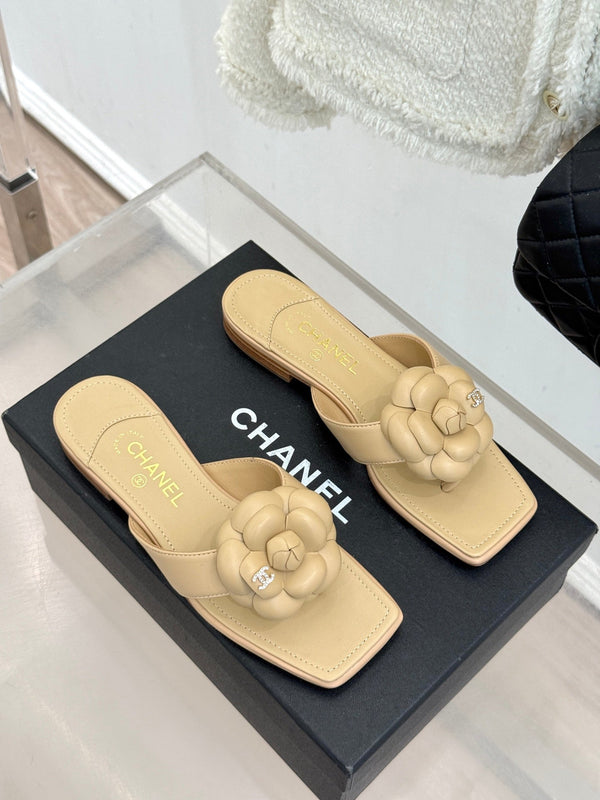 Chanel 26 Camellia Flip-Flops Beige in Cowhide 706387