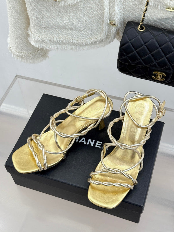 CC 26P Double C Strappy Square Toe High-Heeled 70 Sandals Gold in Cowhide 706345