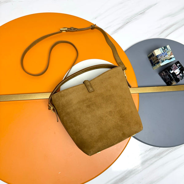 YSL Le 5 À 7 Bucket Bag 20cm Camel Brown in Suede 285621