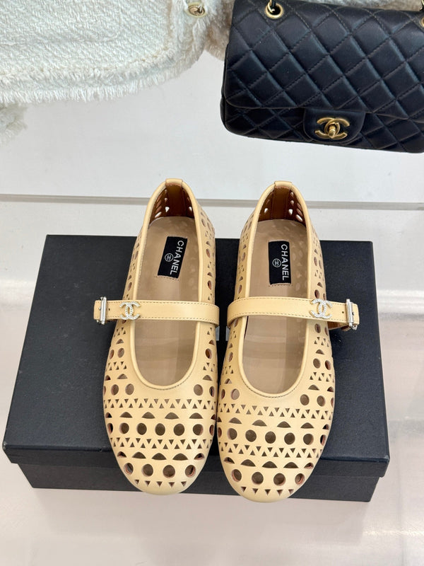 Chanel 26 Classic Double C Perforated Mary Jane Flats Beige in Cowhide 717775