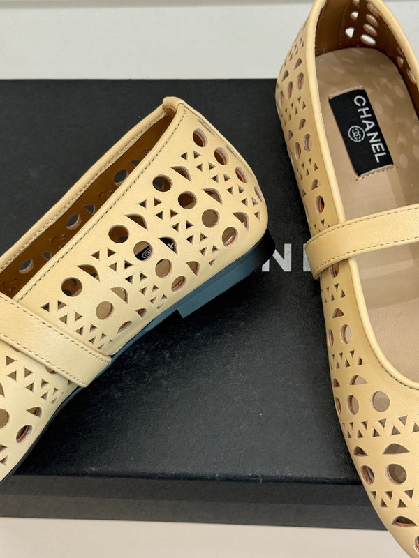 Chanel 26 Classic Double C Perforated Mary Jane Flats Beige in Cowhide 717775