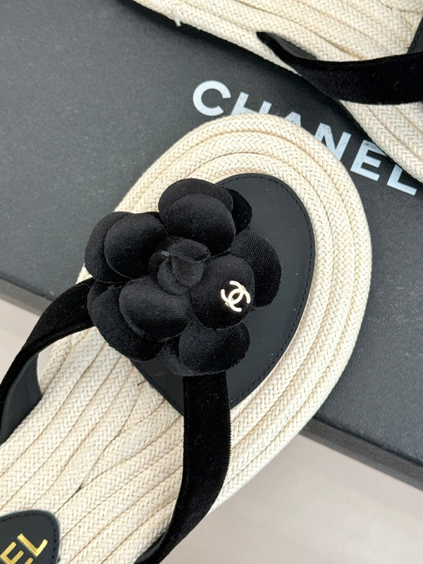 Chanel 26C Camellia Rope-Soled Flip-Flops Black in Velvet 717718