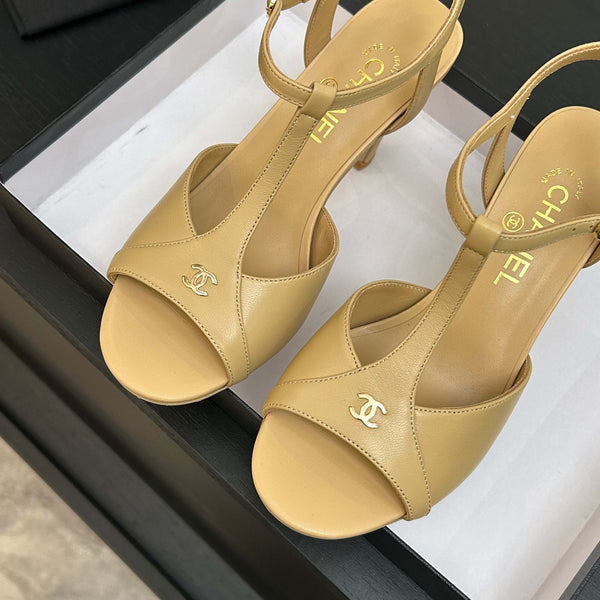 Chanel 26P Metallic Double C Stiletto Sandals 70 Beige In Sheepskin 717711