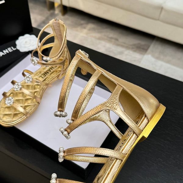 Chanel Camellia Pearl Chunky Heel Sandals Gold In Cowhide Leather 717699