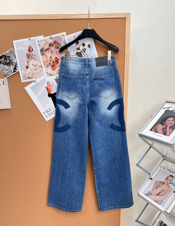 Chanel 26 Double C Logo Straight Leg Pants Blue in Cotton 298254