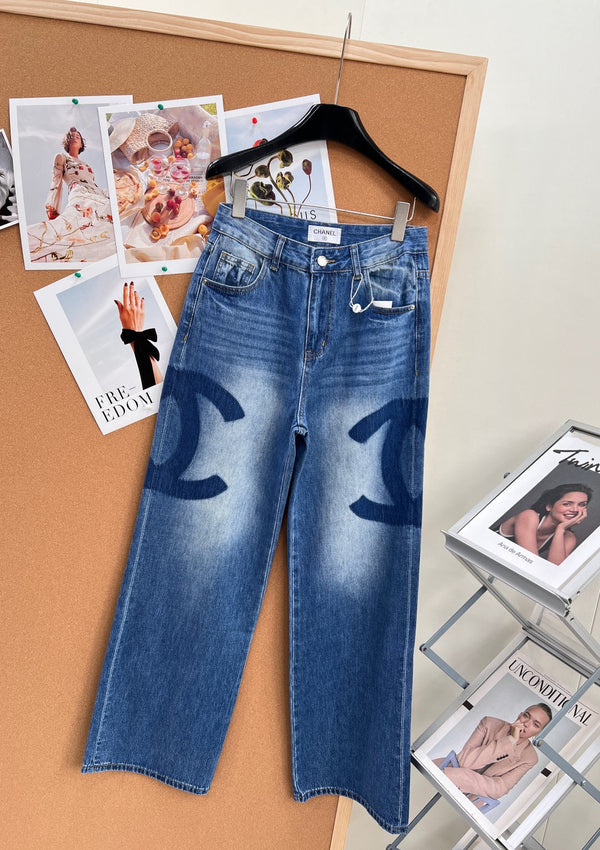 Chanel 26 Double C Logo Straight Leg Pants Blue in Cotton 298254