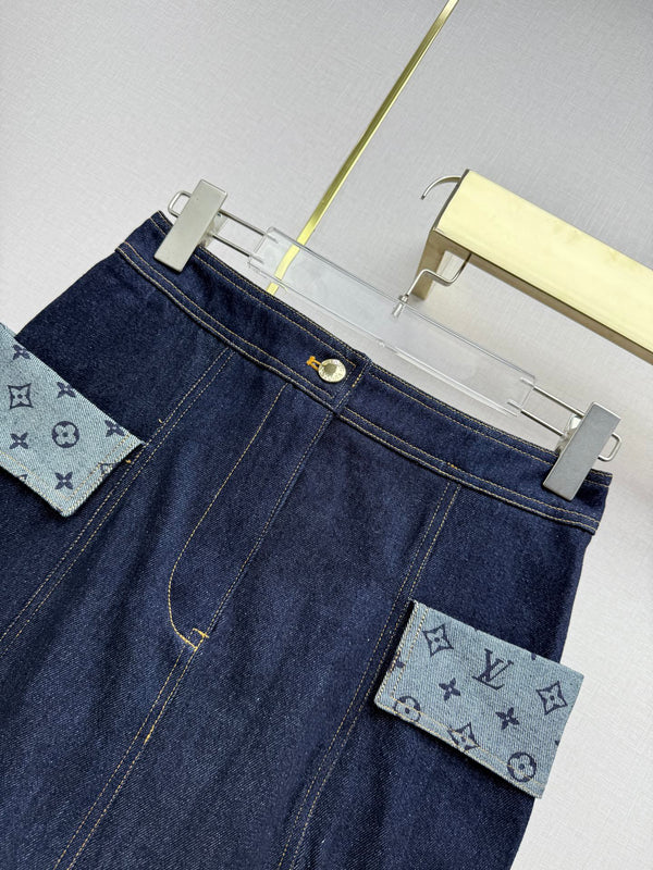 LV 26SS Denim Skirt Monogram Print Patchwork Decoration Dark Blue In Cotton 367728